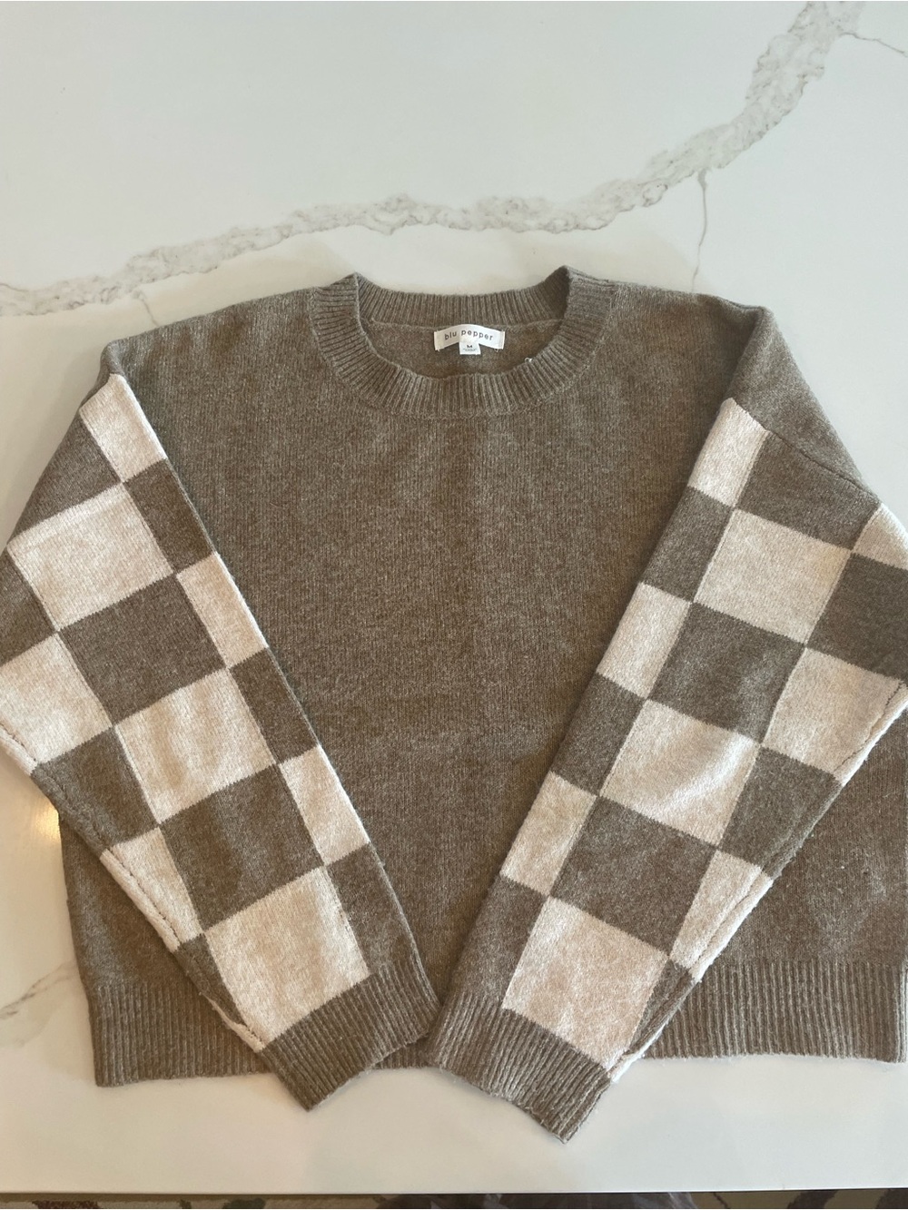 Blu Pepper Taupe & Cream Checker-Sleeve Crewneck Sweater